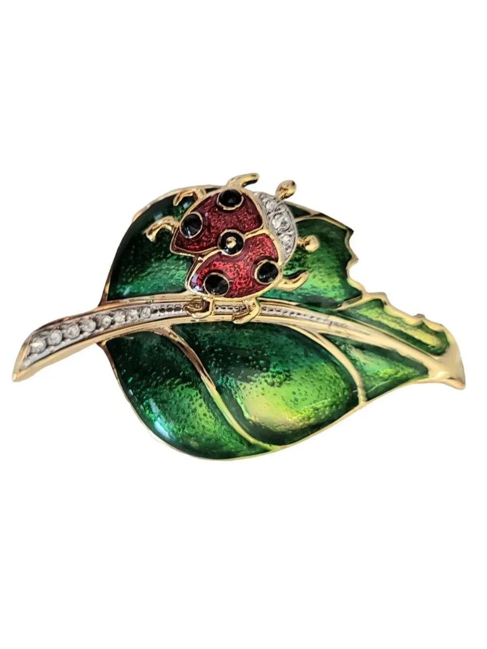 Vintage Gold Tone Green Red Enamel Rhinestone 